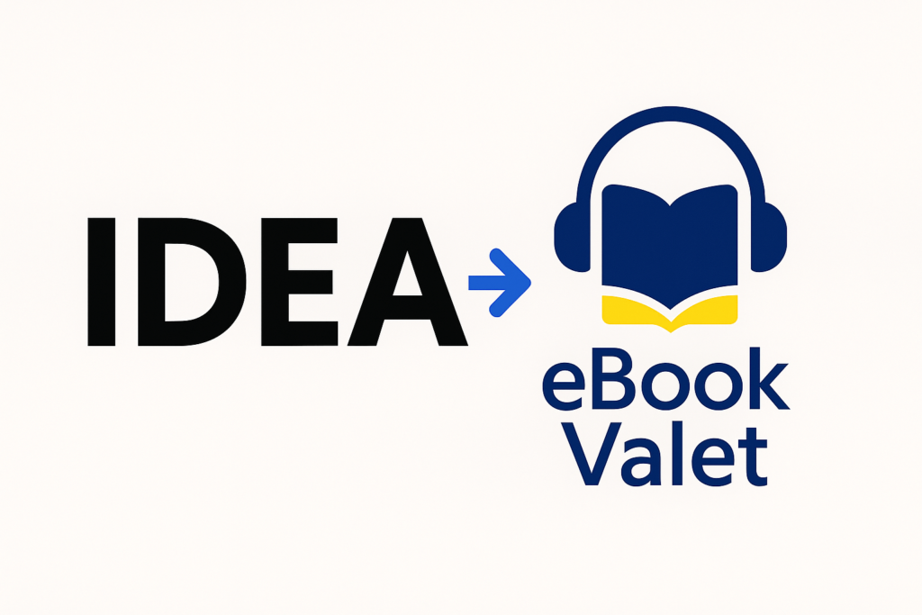 A clean digital illustration showing the word “IDEA” transforming through the eBookValet platform into an eBook and audiobook, using blue, yellow, and black tones on a light background.