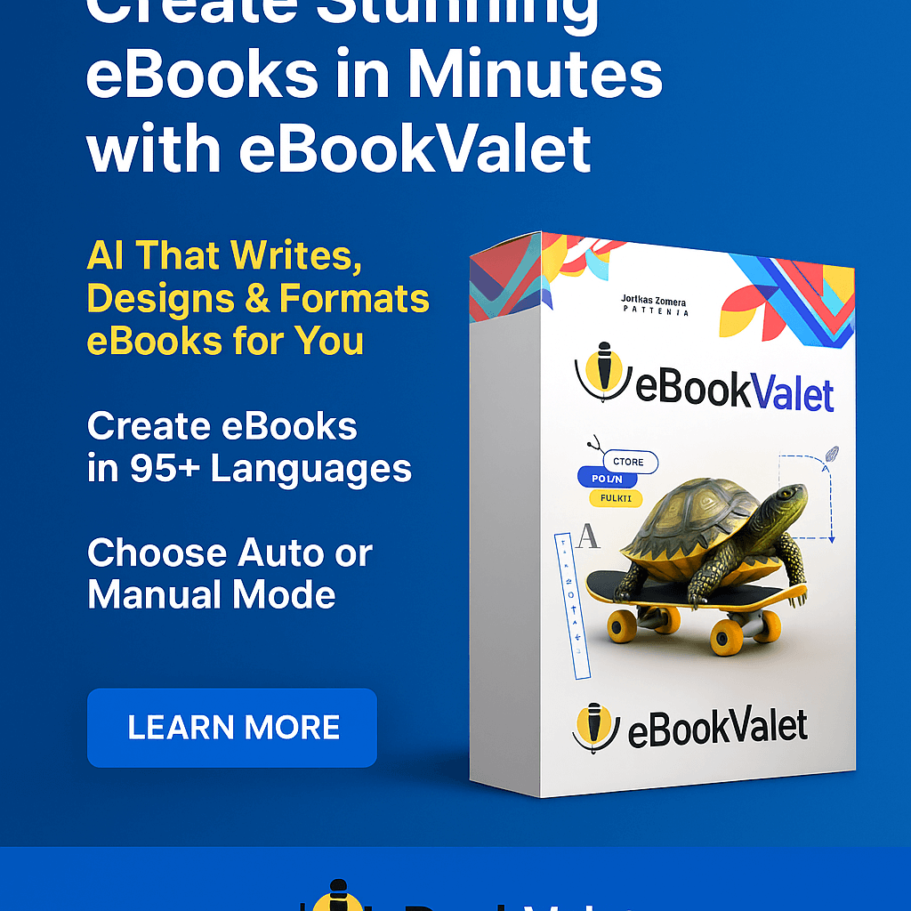 eBookValet AI software box showcasing AI-powered eBook creation, multilingual support, and auto or manual customization features